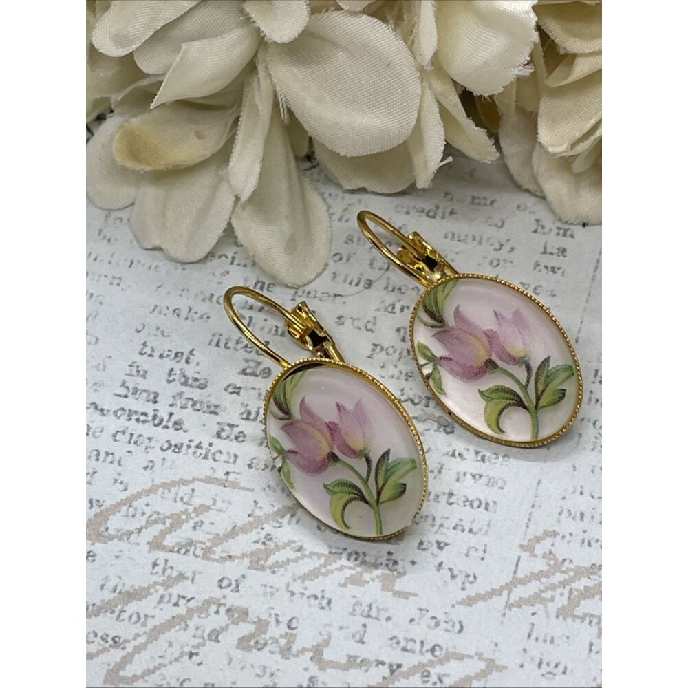 Frosted Pink Tulip Gold Boutique Wire Earrings Wedding Bridal Gift Birthday Wife - Picture 5 of 12